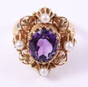 Gold amethyst and seed pearl ring hallmarked 18ct Condition Report <a
