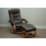 Light oak framed swivel armchair upholstered in brown leather with matching footstool