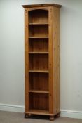 Narrow polished pine open bookcase, five adjustable shelves, W60cm, H189cm,