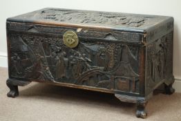 Early 20th century Eastern heavily carved blanket box, camphor wood lined, W102cm, H55cm,