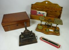 Oak letter rack, postal scales, Victorian mahogany writing box, Vintage hole punch,