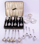 Set of six silver tea spoons Sheffield 1939 (cased), three silver napkin rings,