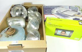 Mid 20th Century car head lamps, paraffin lamp,