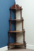 Victorian inlaid rosewood bow front corner whatnot, four tiers with turned supports,