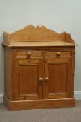 Pine two drawer side cabinet, raised shaped back, W92cm, H105cm,