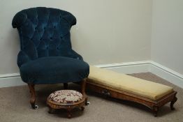 Victorian button back nursing chair, carved walnut front legs,