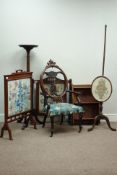 Edwardian walnut armchair carved husk swags, 20th century turned torchere and pole screen,