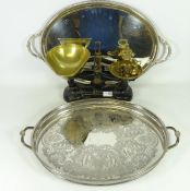 Set of early 20th Century kitchen scales with weights and two silver plated trays (3)