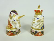 Royal Worcester Queen Elizabeth II Golden Jubilee candle snuffer set, Lion 11cm high and Unicorn,