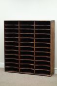 19th century pine filing rack, 36 pigeon hole compartments, W113cm, H120cm,