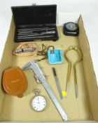 Military issue pocket watch, compass, 'The Metropolitan' whistle, brass divider,