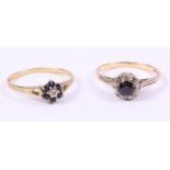 Two sapphire and diamond cluster rings hallmarked or stamped 9ct Condition Report