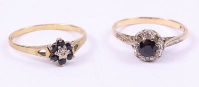 Two sapphire and diamond cluster rings hallmarked or stamped 9ct Condition Report