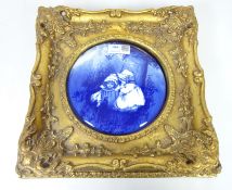 Blue and white convex ceramic plaque in ornate gilt frame 29cm x 29cm Condition Report