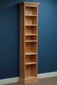 Narrow pine open bookcase, six adjustable shelves, W44cm, H190cm,