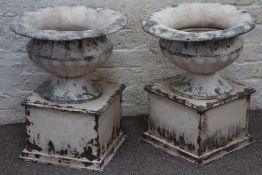Pair rustic white finish Victorian style urns on bases, W48cm,