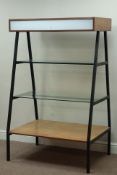 1950s three tier shop display stand, angular metal frame with illuminated top & two glass shelves,