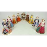 Set of nine Royal Worcester candle snuffers; Henry VIII, his six wives,