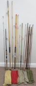 Three fibre glass spinning rods, a sea fishing rod,