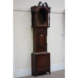 19th century oak and mahogany longcase clock case, swan neck pediment to hood, turned supports,