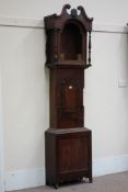 19th century oak and mahogany longcase clock case, swan neck pediment to hood, turned supports,