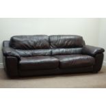 Three seat sofa upholstered in dark brown leather,