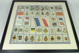 framed display of Kensitas silk cigarette cards stitched together as one panel including flags,