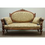 Late Victorian walnut two seat settee, with carved cresting, cameo back and curved arms,