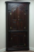 18th century oak double barrel back corner cabinet, arched fielded panelled doors,