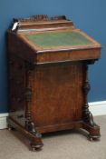 Victorian figured walnut and satinwood davenport, sloped leather inset top,