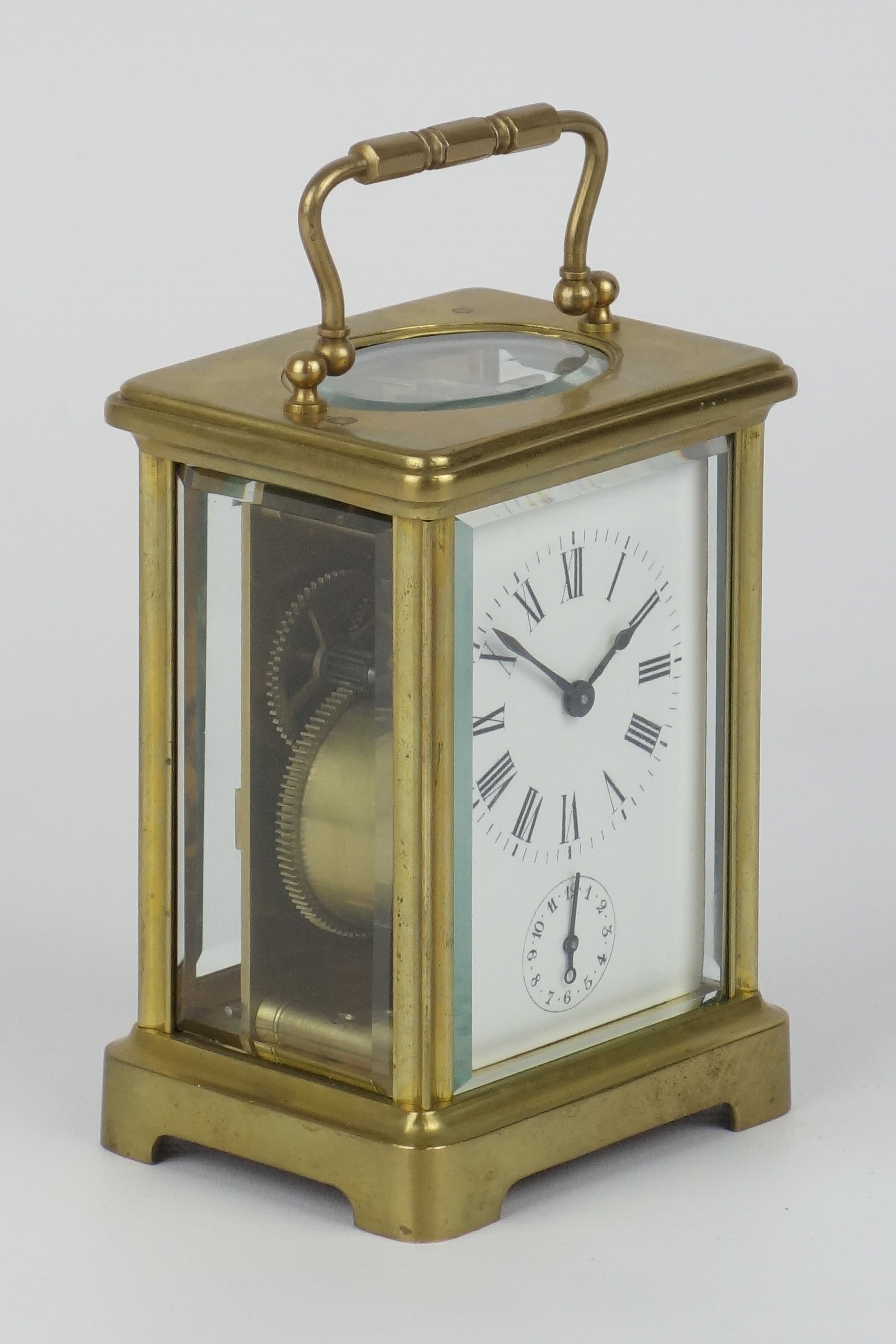20th century French brass carriage clock, with subsidiary alarm dial striking on bell, stamped 417,