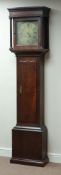 George III oak longcase clock, square hood with turned column supports,