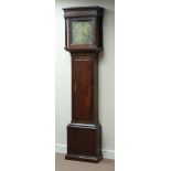 George III oak longcase clock, square hood with turned column supports,