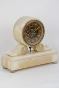 Late 19th century alabaster mantle clock, visible skeleton movement, H23.