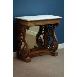 Early Victorian rosewood console table, pierced carved scroll supports with mirrored base,