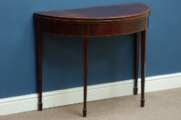 George III mahogany and walnut banded demi-lune folding tea table, double gate leg action,