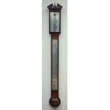 Mahogany & walnut stick barometer with thermometer, silvered registers signed Cary London,
