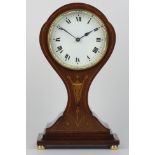 Late 19th century inlaid mahogany balloon mantle clock, cylinder movement, white enamel dial,