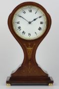 Late 19th century inlaid mahogany balloon mantle clock, cylinder movement, white enamel dial,