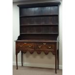 18th century country oak open dresser, three heights pate rack above two deep oak lined drawer,