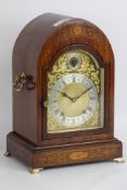 Edwardian inlaid rosewood lancet shaped mantel clock, arched glazed door,