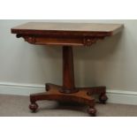 Regency rosewood card table, swivel fold over top, on turned column and platform base,