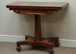 Regency rosewood card table, swivel fold over top, on turned column and platform base,
