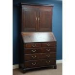 18th century oak fall front bureau bookcase, fitted interior, two short and three long drawers,