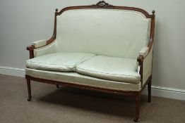 Early 19th century oak Louis XVI style French settee, carved pediment,