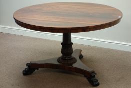 Regency rosewood circular tilt top breakfast table, turned column with carved baluster,