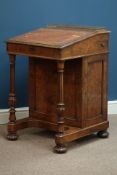 Victorian figured walnut davenport, brass gallery, sloped leather inset top,