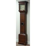 18th century oak longcase clock, square hood with barley twist columns,