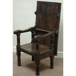 18th century and later oak metamorphic joined table/chair, hinge and sliding plank top, plank seat,