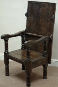 18th century and later oak metamorphic joined table/chair, hinge and sliding plank top, plank seat,